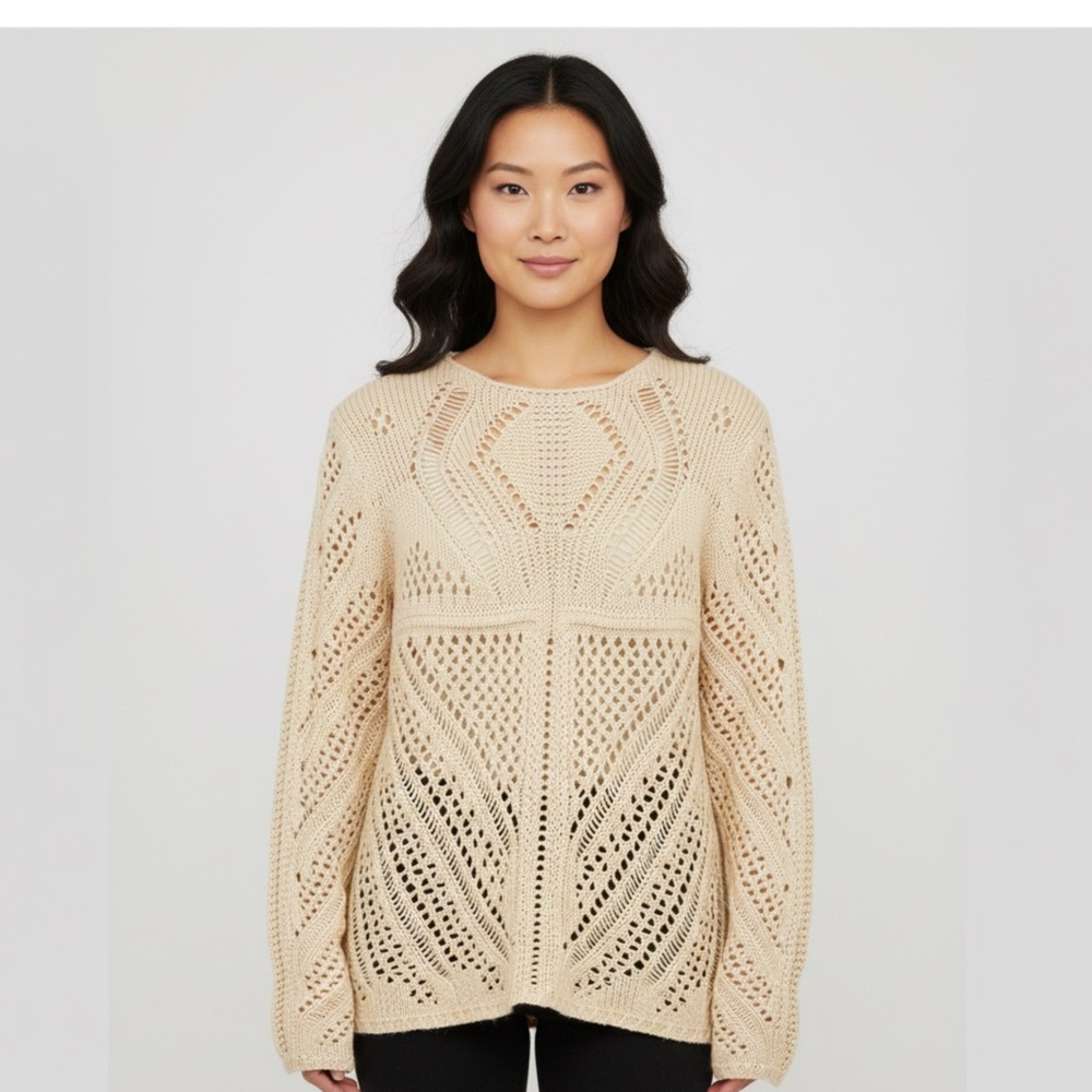 DEX women’s crochet knit cream sweater with chiffon back detail